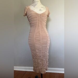 Fashion Nova Blush Ruched Bodycon Midi Dress M in Nude